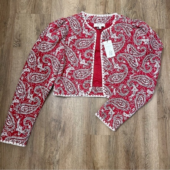 Sea NY Theodora Red Quilted Cropped Jacket Puff Shoulder Paisley - Picture 6 of 12